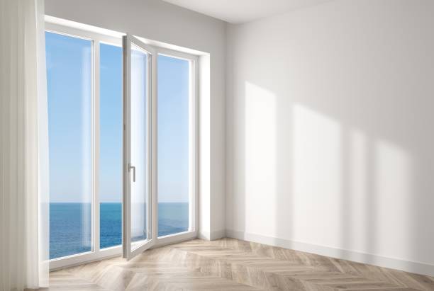 3d illustration. The open white modern plastic window and door in the room .